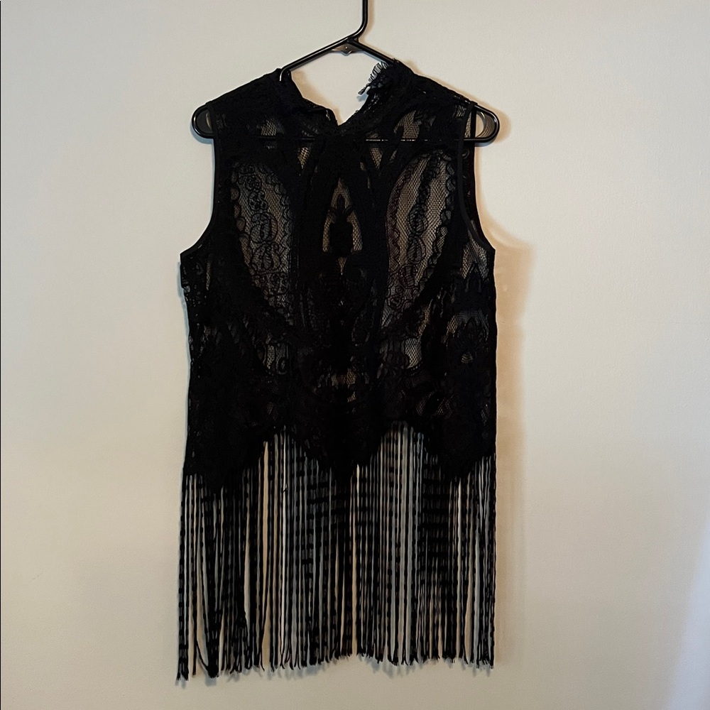 Black Lace Fringe Sleeveless Top